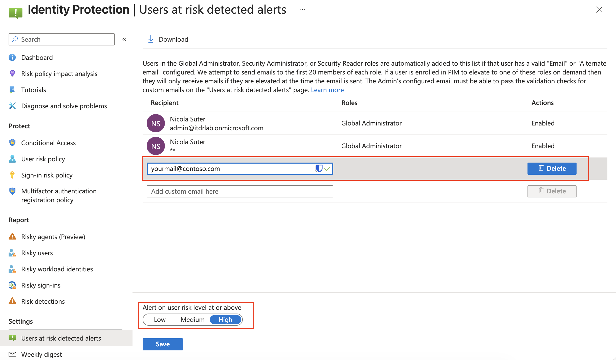 Users at risk detected alerts E-Mail Settings