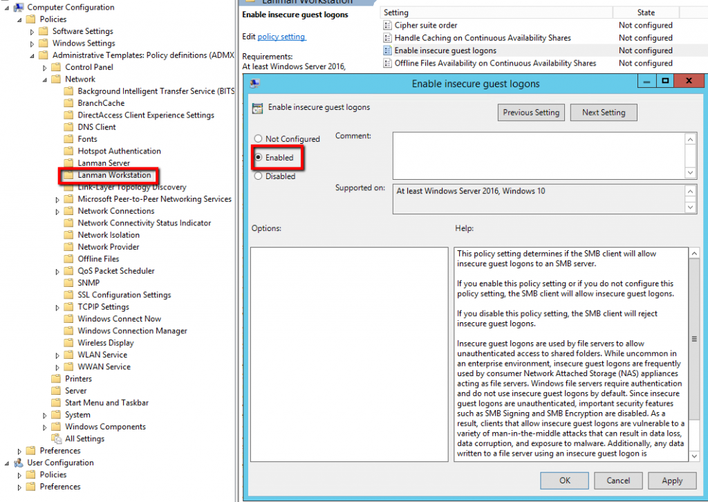 Computer settings. Computer configuration. Computer configuration Administrative Templates. Computer configuration > Administrative Templates > Network. Сеть Windows SMB.