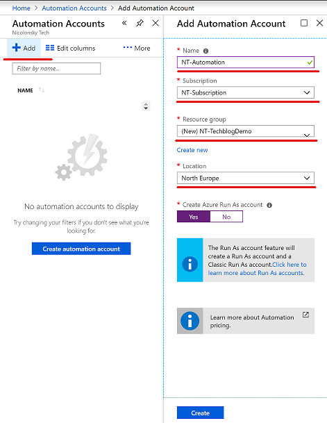 Creating a new Azure Automation Account