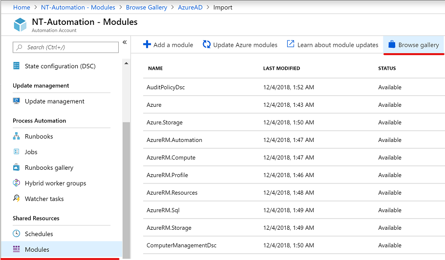 Add Modules to the Automation Account