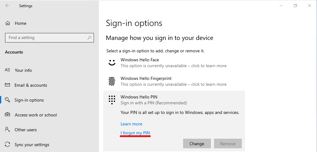 Unable to reset Windows Hello for Business PIN